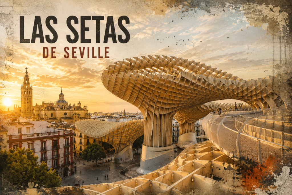 Vue des Las Setas de Sevilla, structure architecturale contemporaine en bois dominant la Plaza de la Encarnación, symbole du renouveau urbain et architectural de Séville.