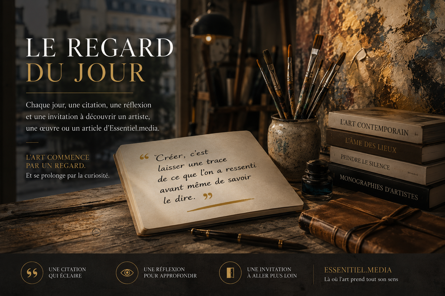 Le Regard du Jour, une citation quotidienne sur l'art illustrée par un atelier d'artiste avec carnet, pinceaux et livres d'histoire de l'art.