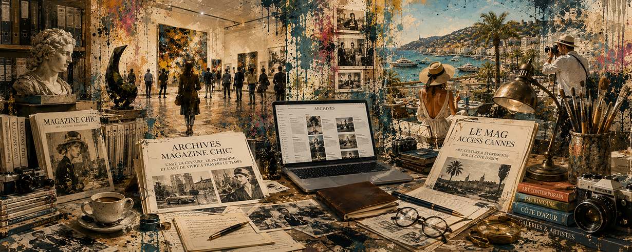 Bannière illustrant les archives de Magazine CHIC®, du Mag Access Cannes et l'évolution éditoriale d'Essentiel Media à travers l'art, la culture et le patrimoine de la Côte d'Azur.